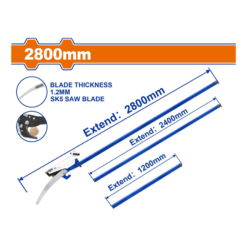 Sierra de podar extensible 2.8m Diámetro Corte: 25mm SK5 Dientes 3 bordes. Ideal para cortar ramas. Vara extencion de poda
