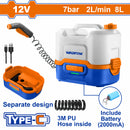 Hidrolavadora a batería para aires acondicionados Voltaje: 12V Presión máxima: 7Bar Flujo máximo: 2L/min Capacidad del contenedor: 8L Sistema de parada automática hidrolimpiadora