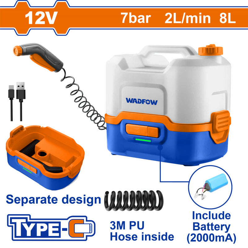 Hidrolavadora a batería para aires acondicionados Voltaje: 12V Presión máxima: 7Bar Flujo máximo: 2L/min Capacidad del contenedor: 8L Sistema de parada automática hidrolimpiadora