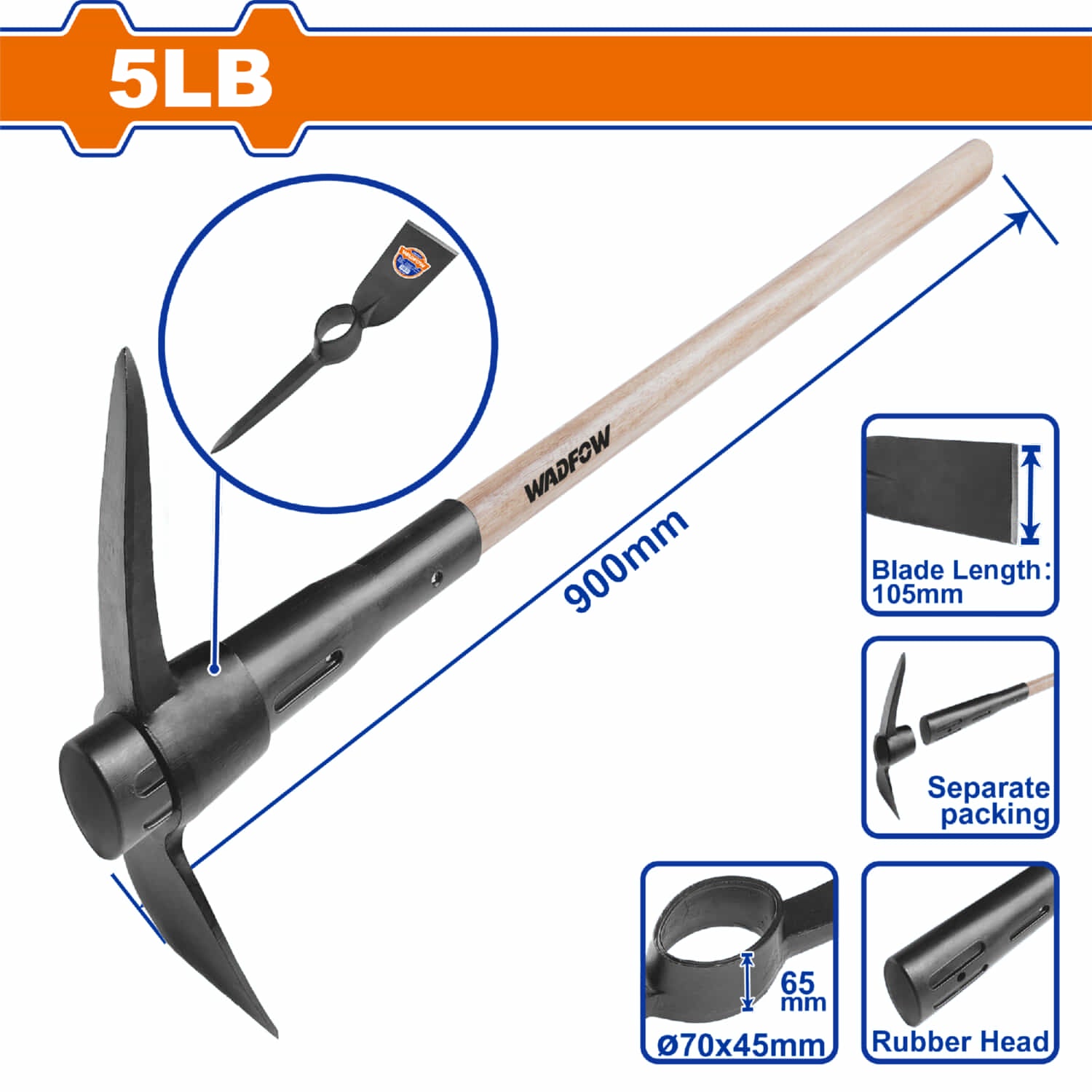 Pico piqueta Azadón con mango de madera 5 lb Acero al Carbono. Mango de Madera. Long 900mm Azada de jardín