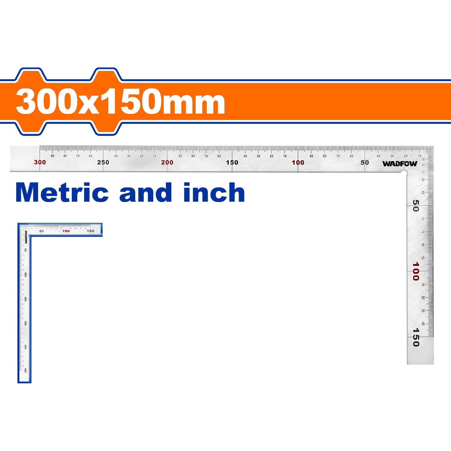 Escuadra Angular de Acero Inoxidable de 300x150mm(12"x6"). Mide metros y pulgadas.