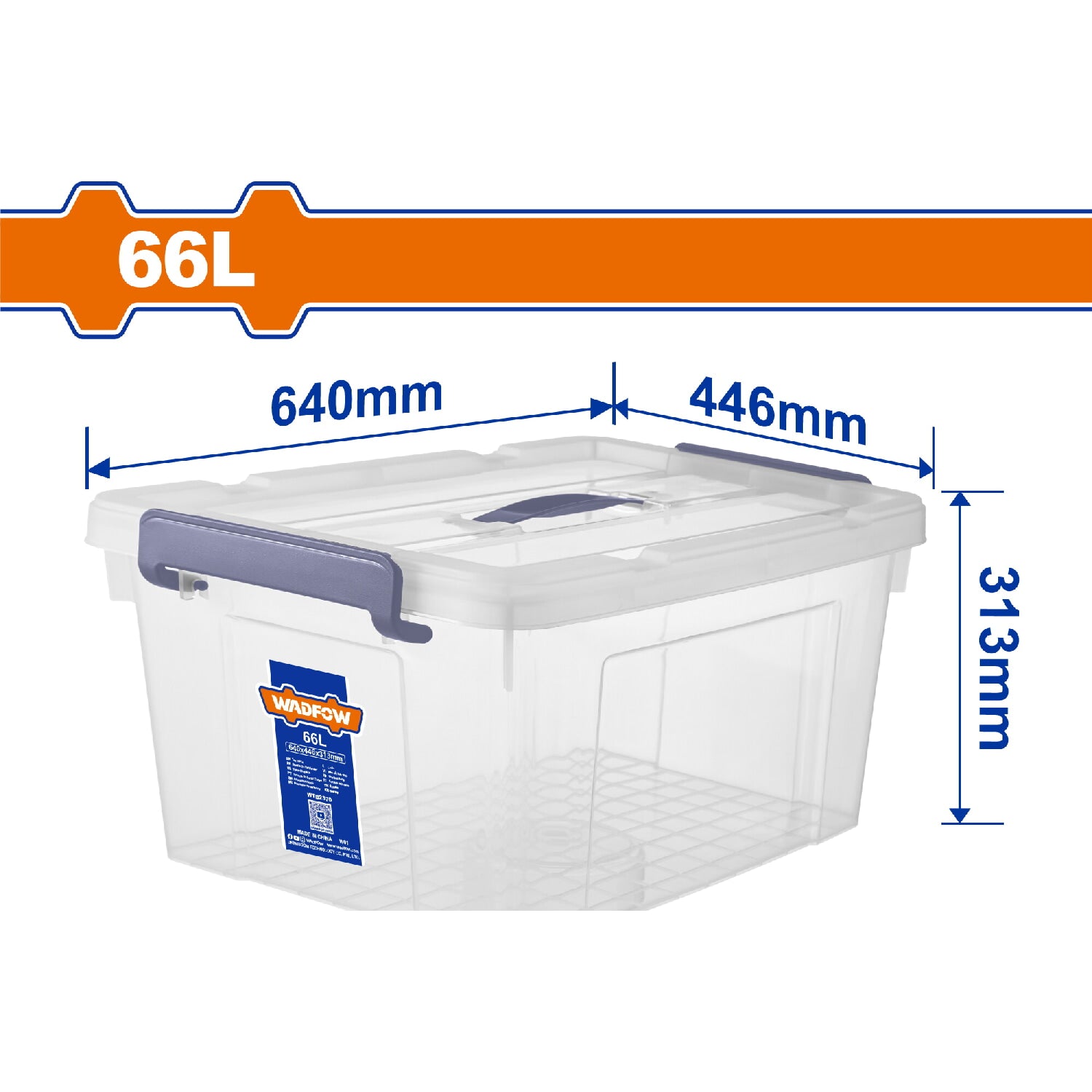 Caja plastica de Almacenamiento Plástico 66L. 640x446x313mm Peso: 1831g. Tapa con asa. Hebilla de plástico.