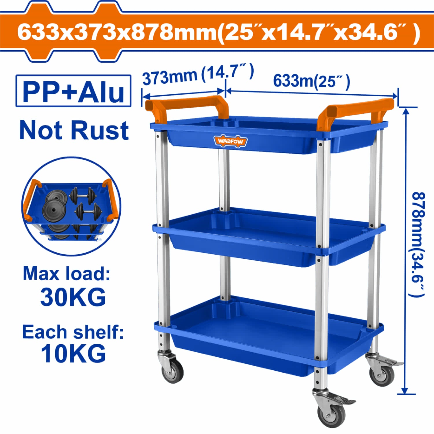 Carrito de servicio Herramientas 90Kg con Ruedas y 3 Bandejas 30Kg 25"x14.7"x34.6" Trolley Carro de Servicio