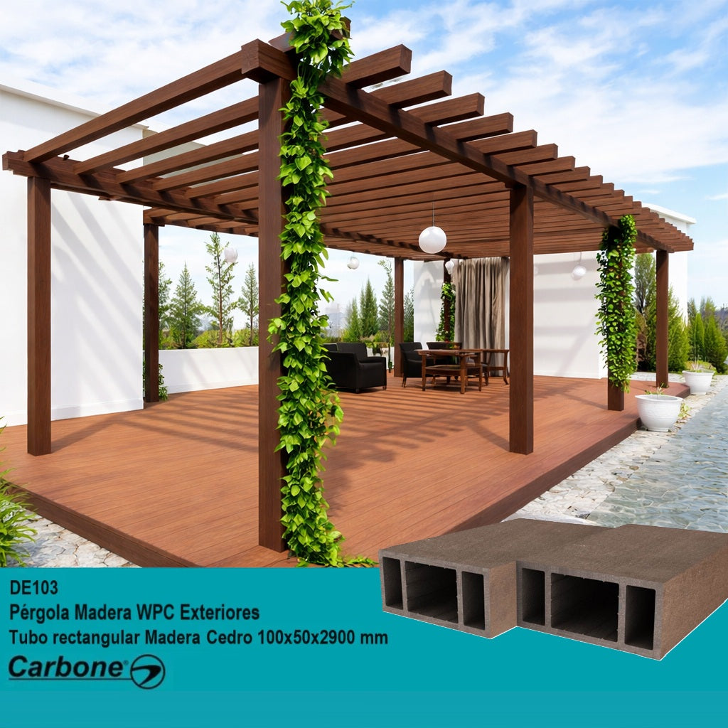 Pergola WPC Tubo Rectangular 2" x 4" Acabado Madera Cedro Exteriores 100x50x2900mm