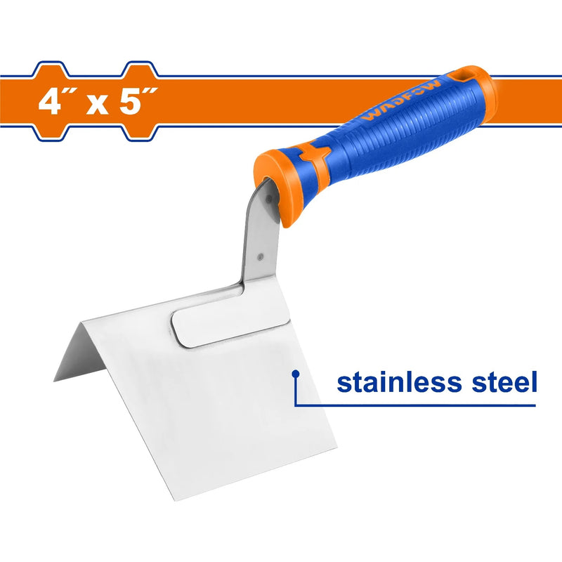 Llana de esquina exterior para alisar en yeso 4"x5". Acero inoxidable. Remates de esquina.