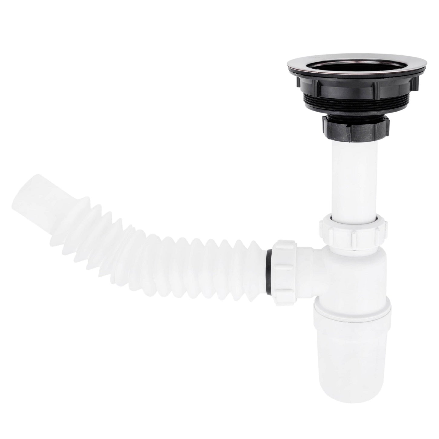 Trampa plástica flexible para fregadores con desague con canasta coladera y con rebosadero