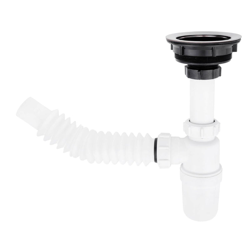 Trampa plástica flexible para fregadores con desague con canasta coladera y con rebosadero