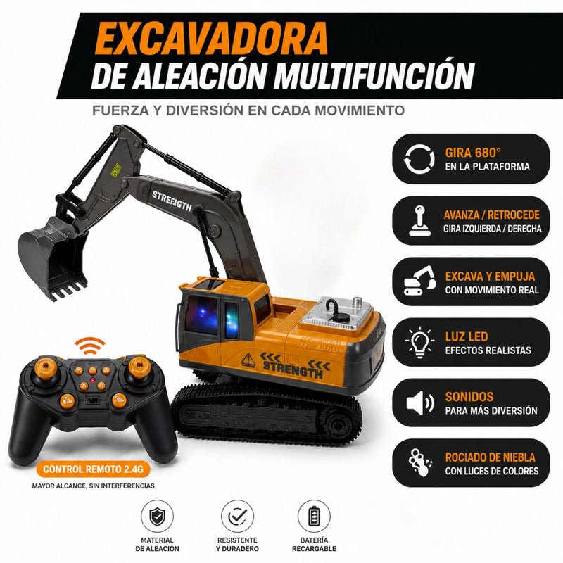 Excavadora a control remoto. Juguete para niños. De 11 canales con brazo móvil y rotación 680°.