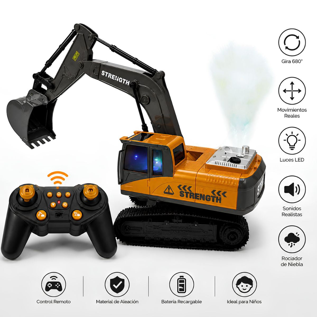 Excavadora a control remoto. Juguete para niños. De 11 canales con brazo móvil y rotación 680°.