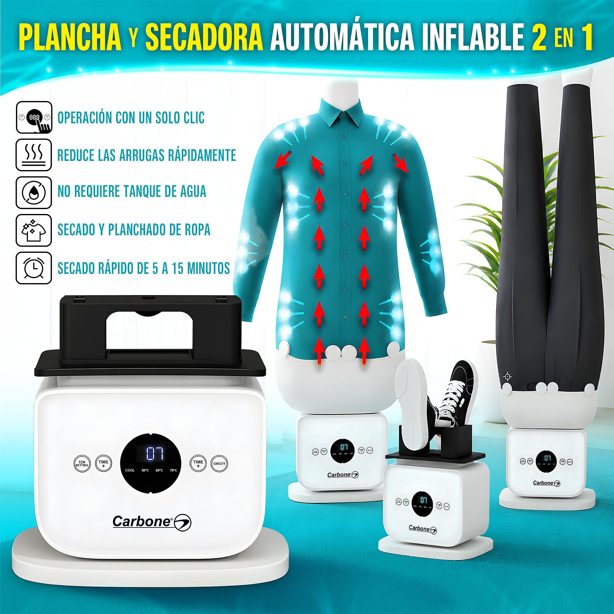 Plancha y Secadora Automática ropa inflable 2 en 1. Planchado aire calido Manos Libres y Secado Rápido 5 a15 min. Reduce Arrugas para Camisas y Pantalones 110V.