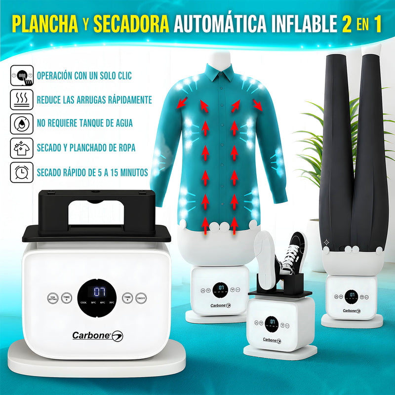Plancha y Secadora Automática ropa inflable 2 en 1. Planchado aire calido Manos Libres y Secado Rápido 5 a15 min. Reduce Arrugas para Camisas y Pantalones 110V.