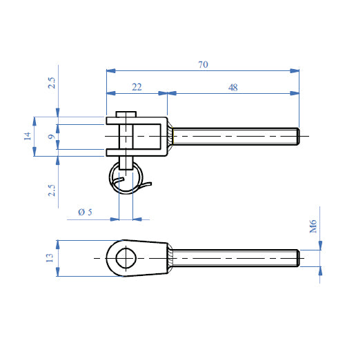 Terminal para cable 5mm con pin removible .Macho rosca Izquierda.AISI 304.