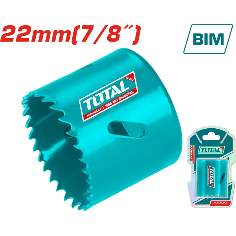 Broca cilíndrica HSS M3 Bi-Metal, Dientes variados 4-6TPI, diámetro 22mm.