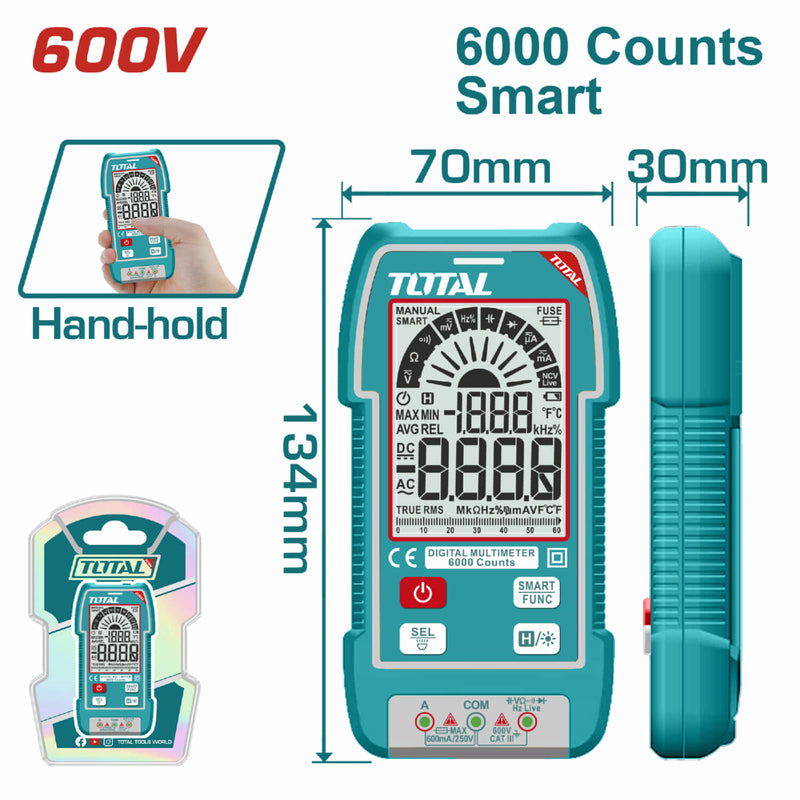 Multímetro digital Smart de 6000 conteos. Con Retención De Datos. AC/DC 600V. Resistencia 600Ω. Detección de voltaje sin contacto.