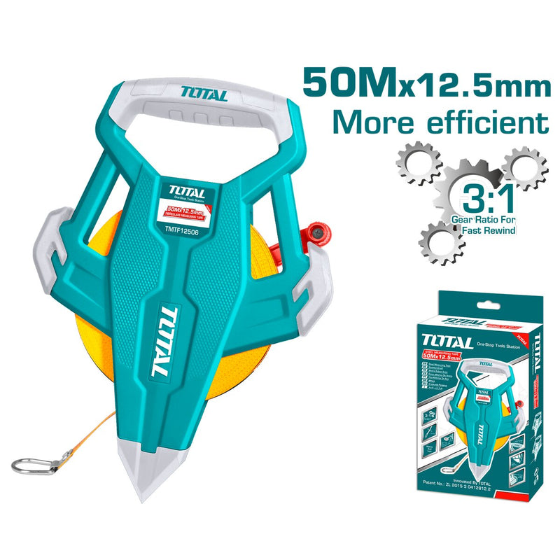 Cinta métrica de 50 mts x 12.5 mm. Métrico y pulgadas. Auto enrollable 3:1