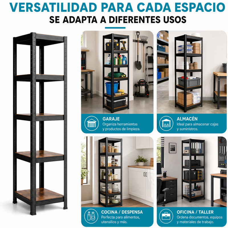Estantería Metálica de 5 Repisas Ajustables (180x40x40cm) Estante Organizador de Acero con Capacidad de 90Kg por Nivel.