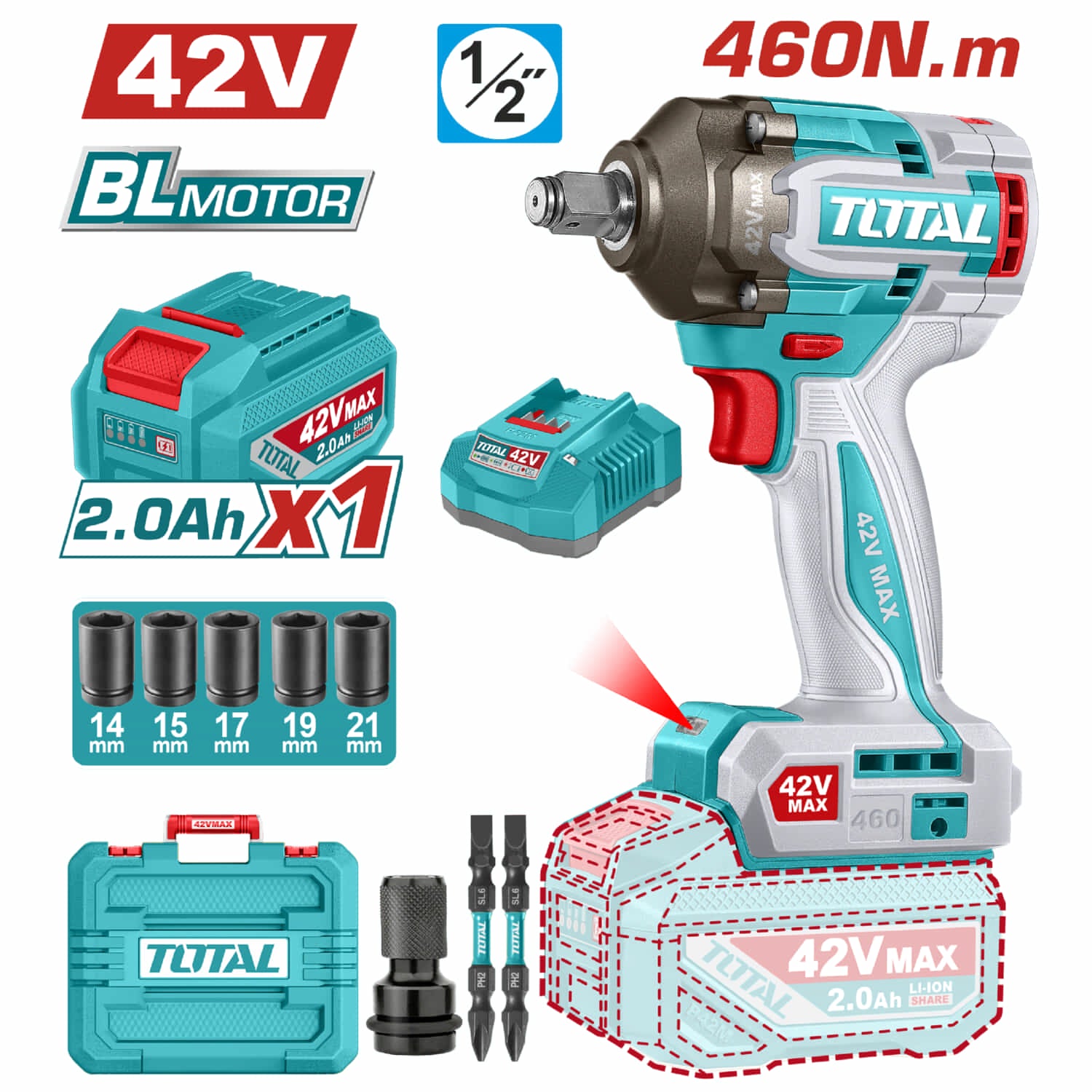 Llave impacto dado cuadrado 1/2" 42V. Motor sin escobillas. 460Nm. 1 batería y 1 cargador.
