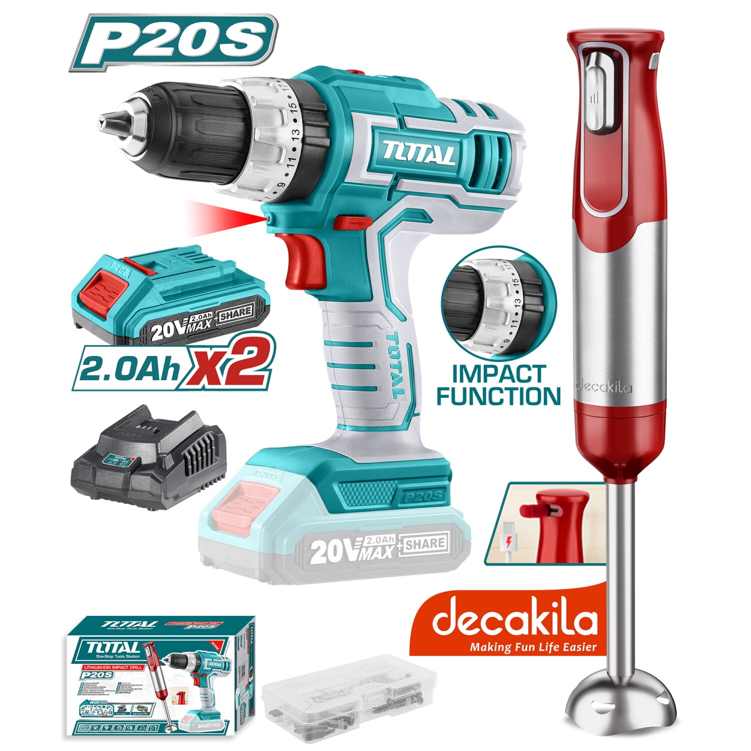 Combo del mes Total Taladro de Impacto 20V. Mandril: 1/2" y Batidora de Mano Inalámbrica 11.1V