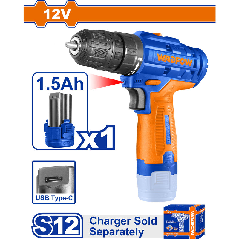 Taladro drill inalámbrico de 12V 0.8-10mm. 0-400/0-1500rpm. 20Nm 2 velocidades. Cargador por separado.