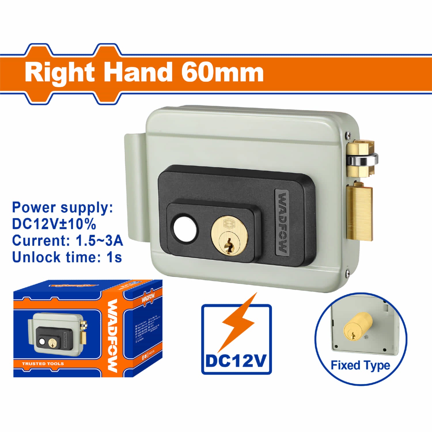 Cerradura eléctrica soldar DC12v±10% 1. 5~3A cilindro fijo lado derecho 60mm. Incluye 3 llaves.