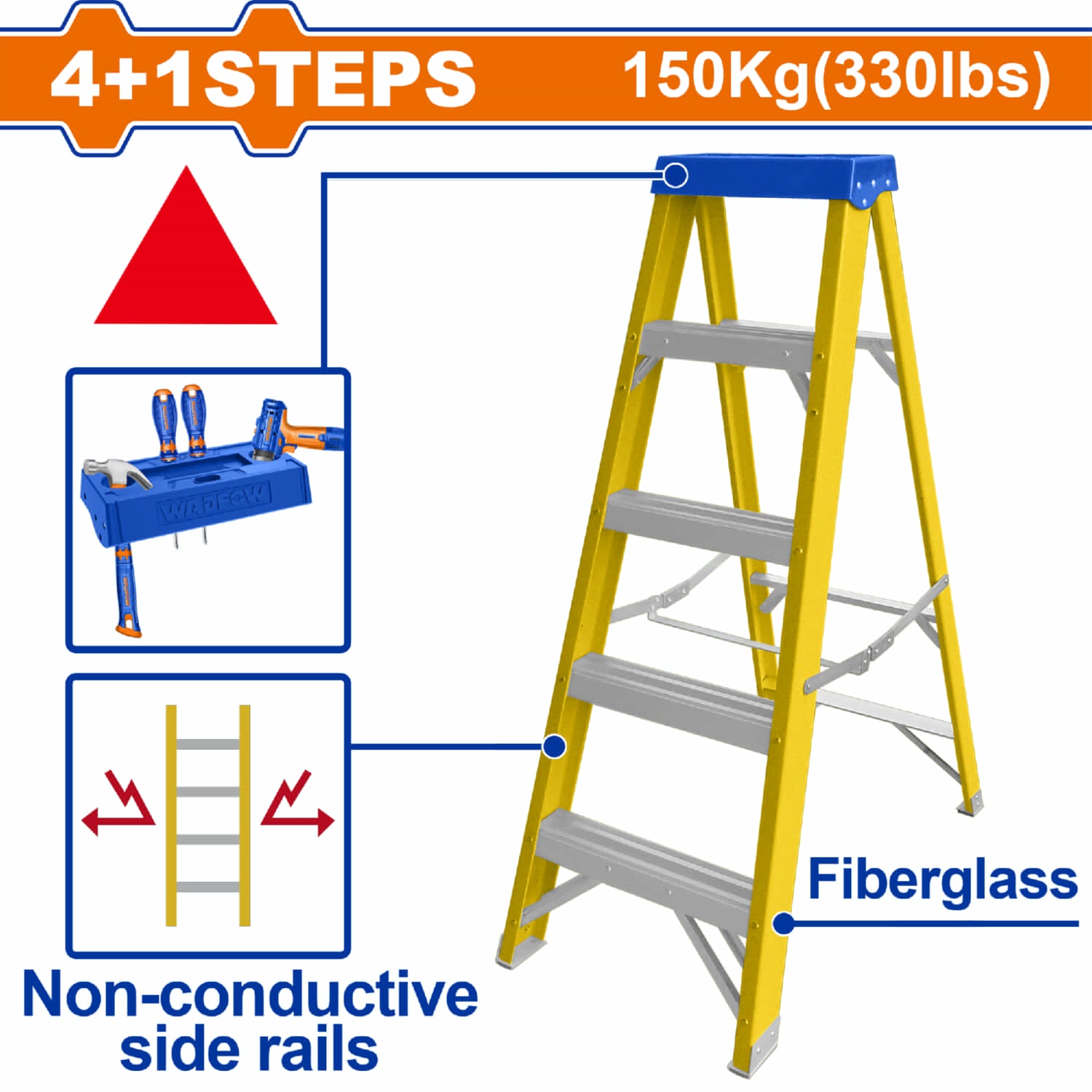 Escalera de fibra de vidrio 5 escalones. Altura de paso: 280mm. Carga máxima: 150Kg. Rieles laterales aislantes. Escalera de tijera