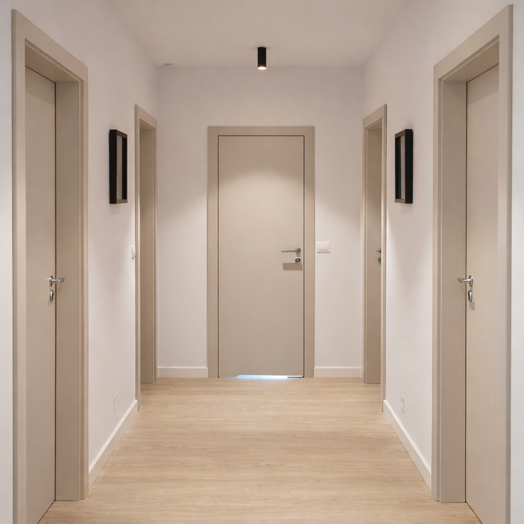 Puerta WPC 45mm madera interior Beige Crema Recamara 100x215cm incluye marco completo y herrajes silver. Altisima calidad y resistencia