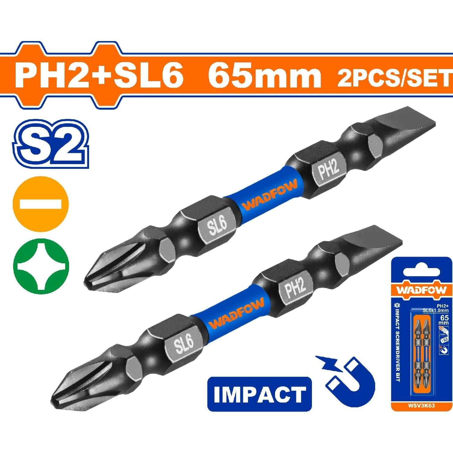 Puntas de destornillador de impacto PH2+SL6 65mm. S2. Set 2 pzs. Magnética. Tipo Phillips y Plano.