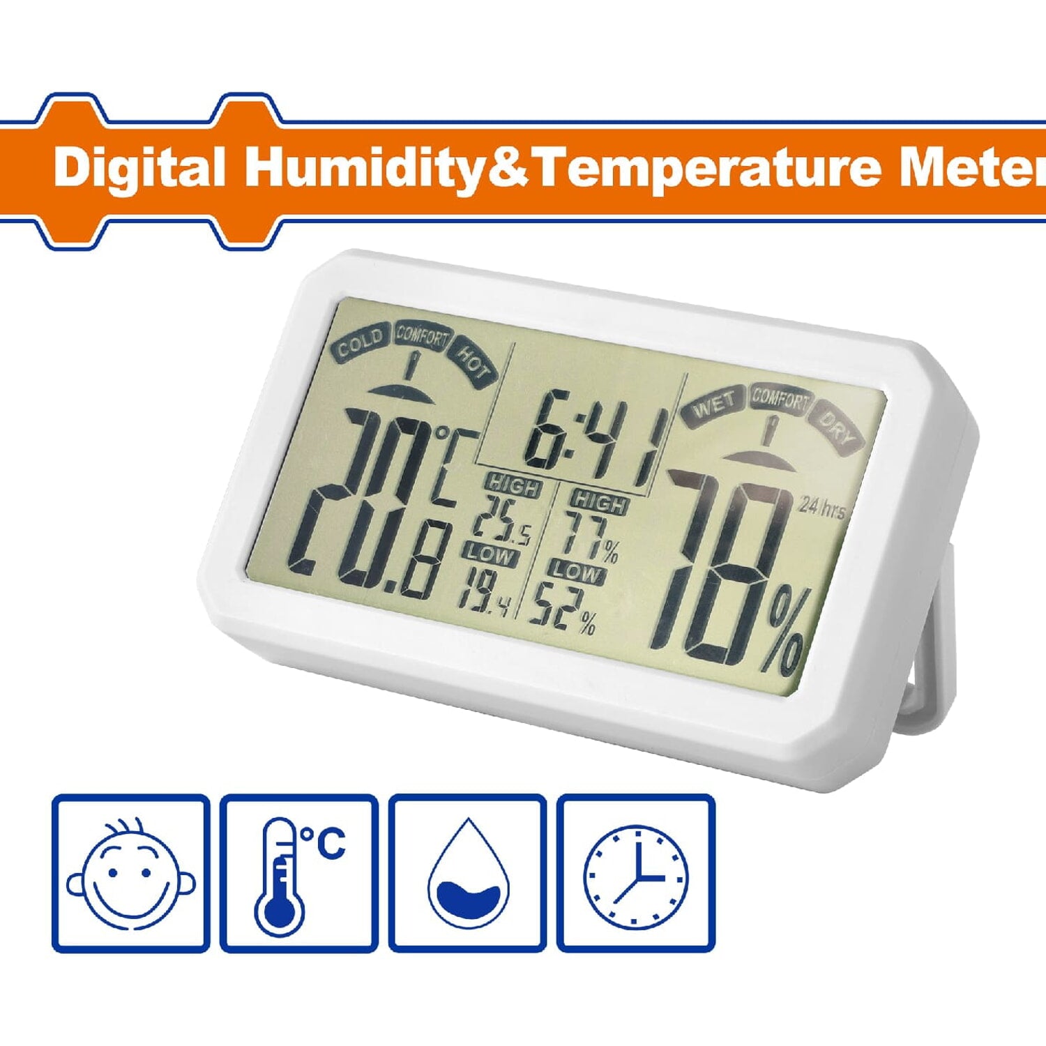 Medidor digital de humedad y temperatura. Función de batería más baja. Visualización de la hora.