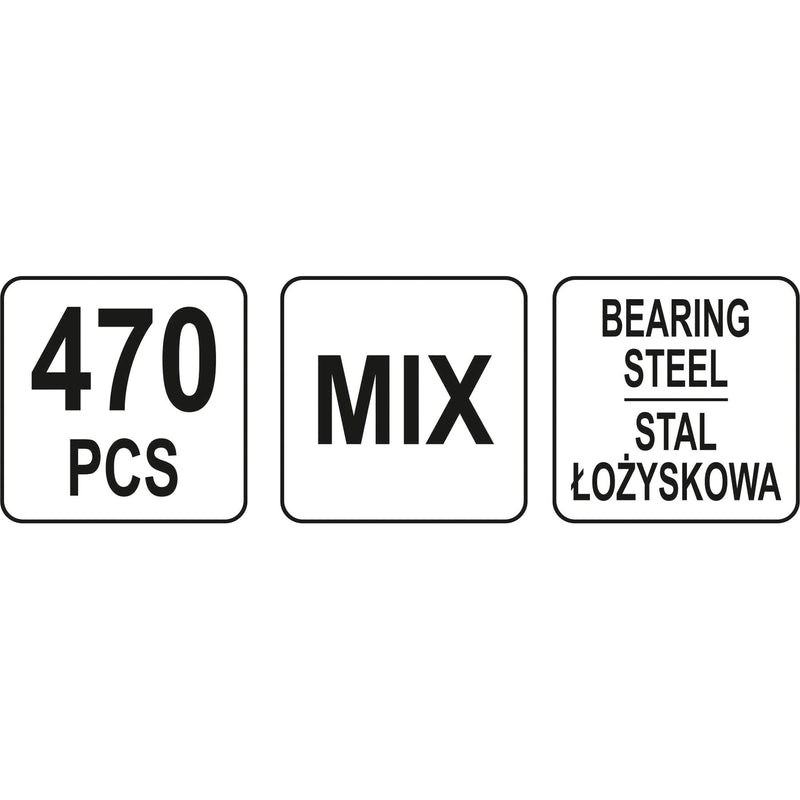 Bolas de acero para rodamientos y balineras. Paquete surtido 470 pcs