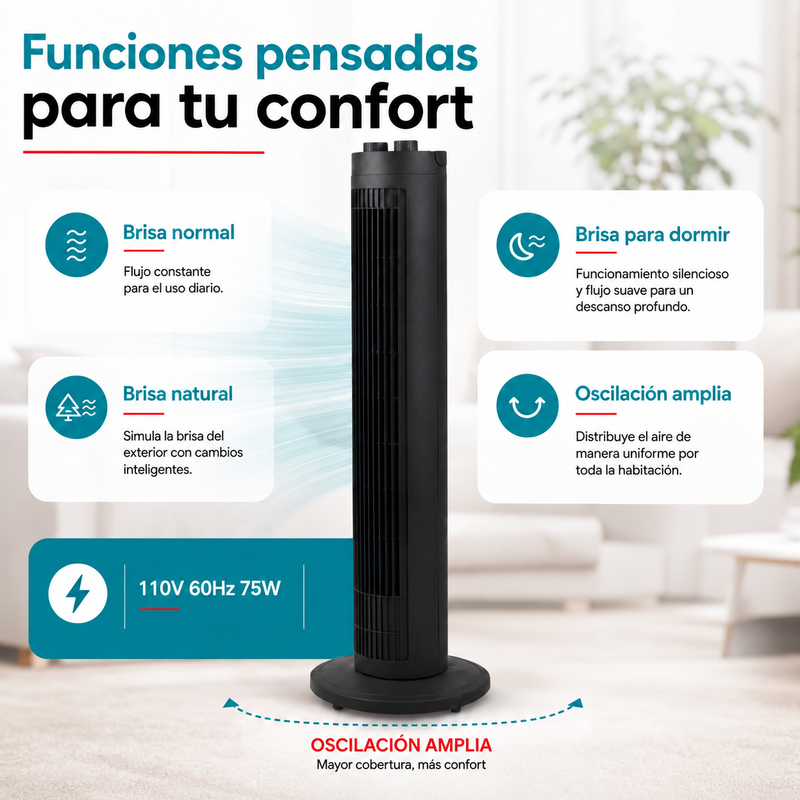 Ventilador De Torre 39" (99cm). Abanico Oscilante Con 3 Velocidades 75W. Color Negro 110V.