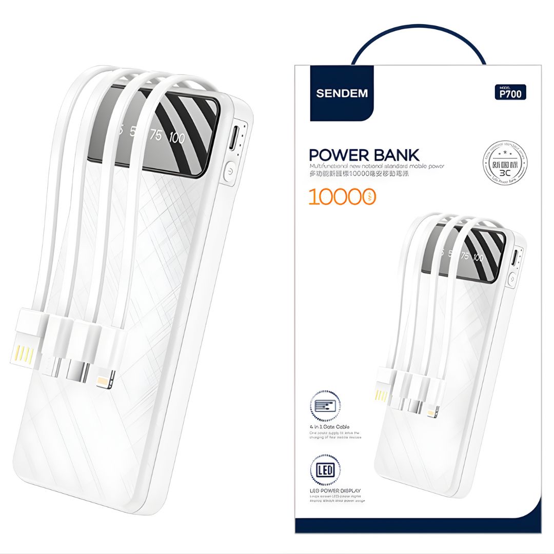 Power Bank 10000 mAh con Cables Integrados. Compatible con Tipo-C, Micro USB y Lightning. Batería Cargador portátil para celulares.