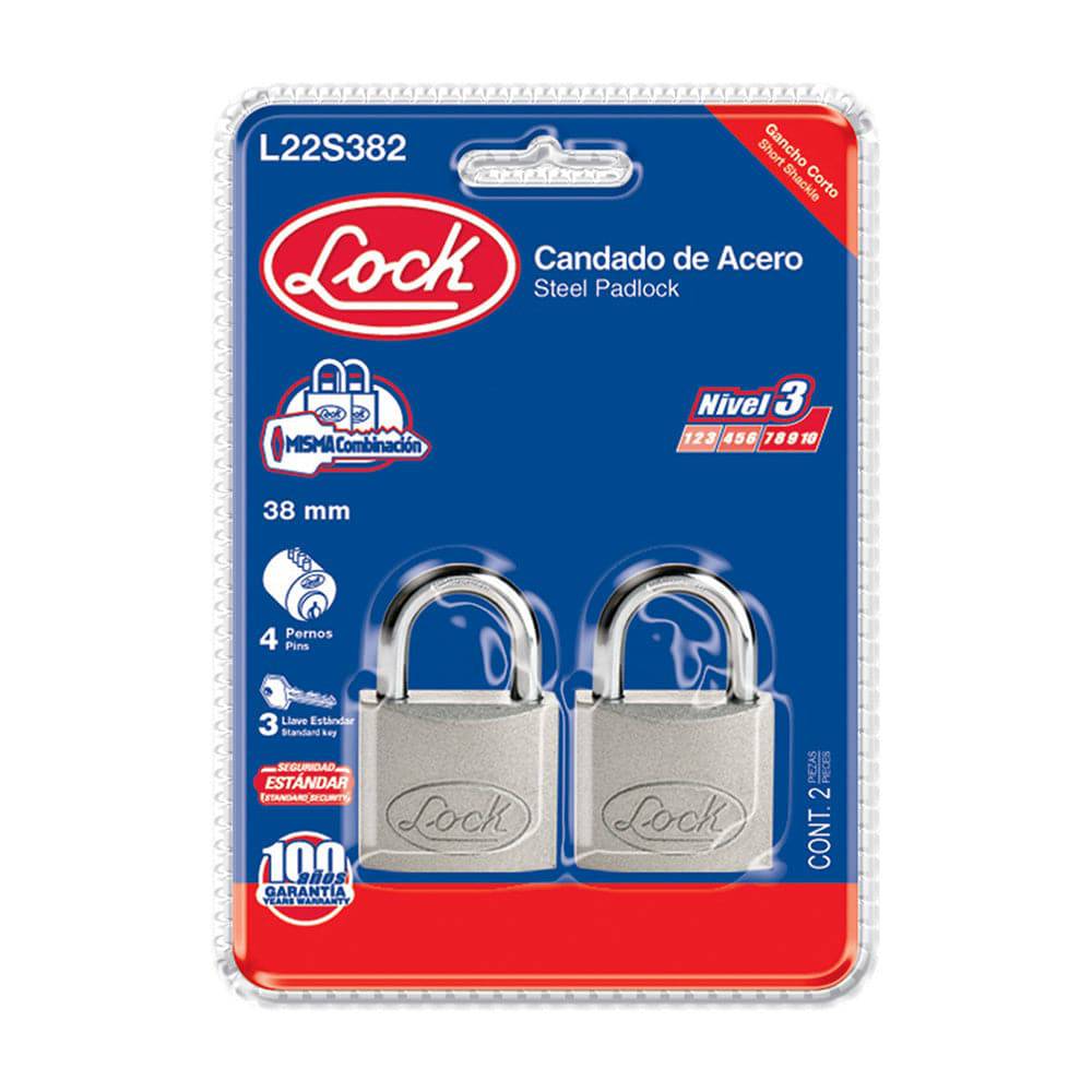 Candado Acero Corto Llave Estándar 2 Pzs Cromo Satinado Lock