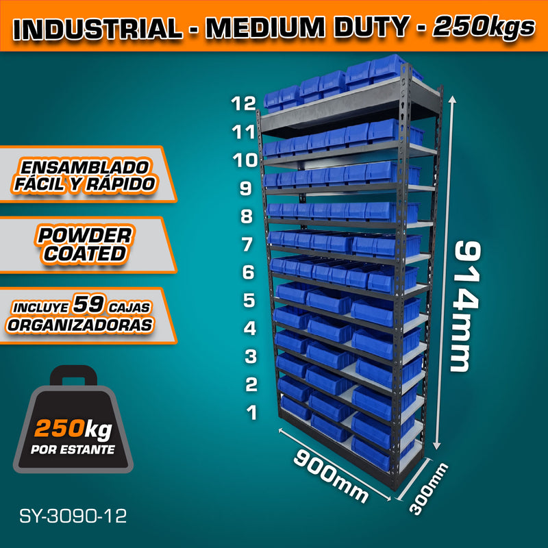 Estante de almacenamiento ajustable 12 niveles con 59 cajas de almacenamiento.300x900x1829mm Carga por nivel 250Kg Estanteria Arma rápido Rack