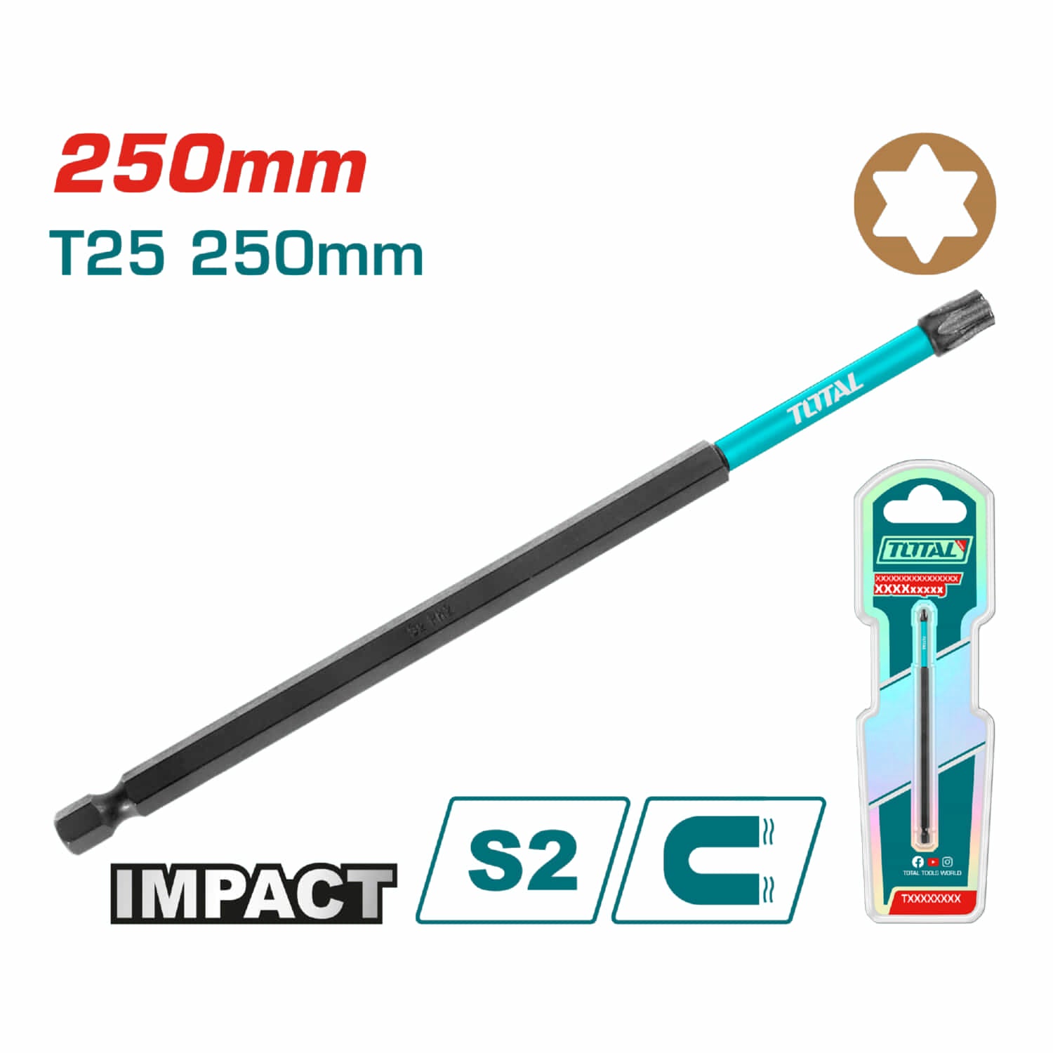 Punta de Destornillador de Impacto T25 250mm Magnético. Tipo Torx larga