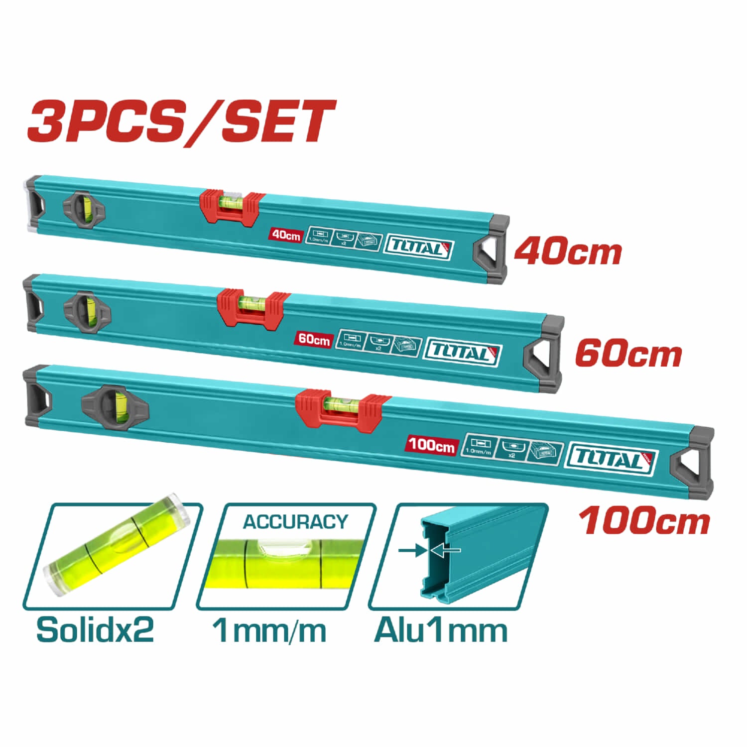 Niveles de Burbuja 40cm 60cm 100cm Espesor de aluminio 1mm. Set de 3 piezas.