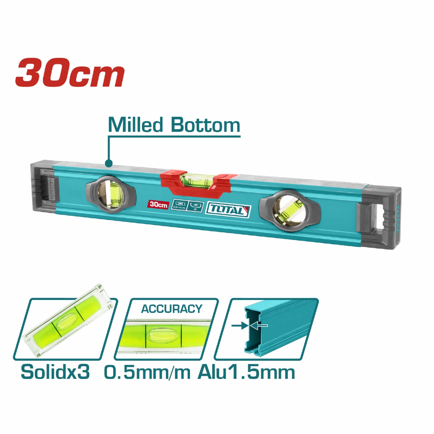 Nivel de Burbuja 30cm. Fresado en ambos lados. Burbujas nivel de precisión 0.5mm Grosor 1.5mm Ranuras en forma de V para medir objetos. Alta precisión. Alta calidad.