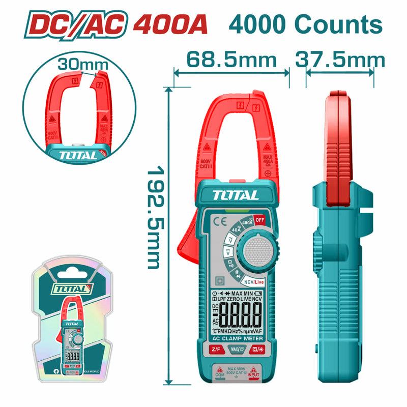 Medidor De Abrazadera Digital AC/DC, Pantalla De 4000 Dígitos. Detección de voltaje sin contacto. Con Retención De Datos.