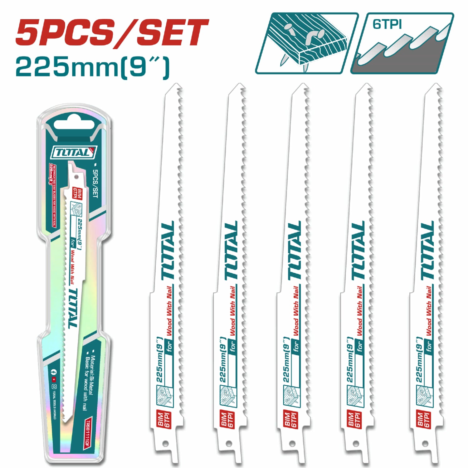 Hojas de sierra sable para madera con clavo 9" 6 TPI Set de 5 piezas.