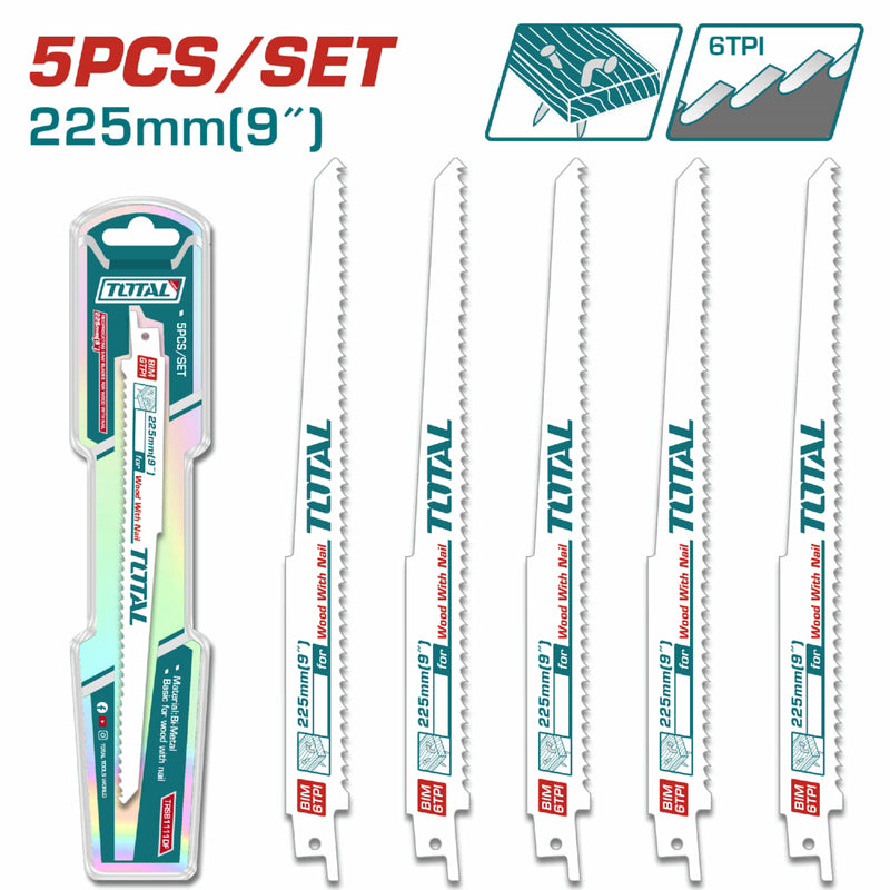 Hojas de sierra sable para madera con clavo 9" 6 TPI Set de 5 piezas.