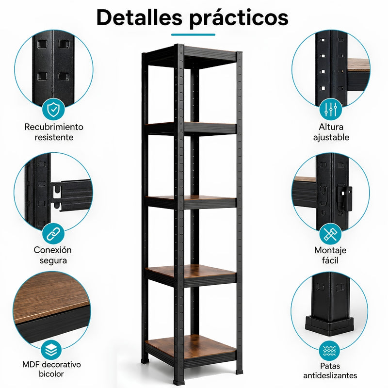 Estantería Metálica de 5 Repisas Ajustables (180x40x40cm) Estante Organizador de Acero con Capacidad de 90Kg por Nivel.