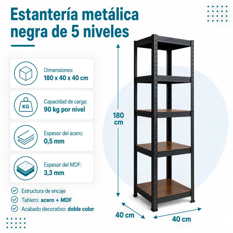 Estantería Metálica de 5 Repisas Ajustables (180x40x40cm) Estante Organizador de Acero con Capacidad de 90Kg por Nivel.