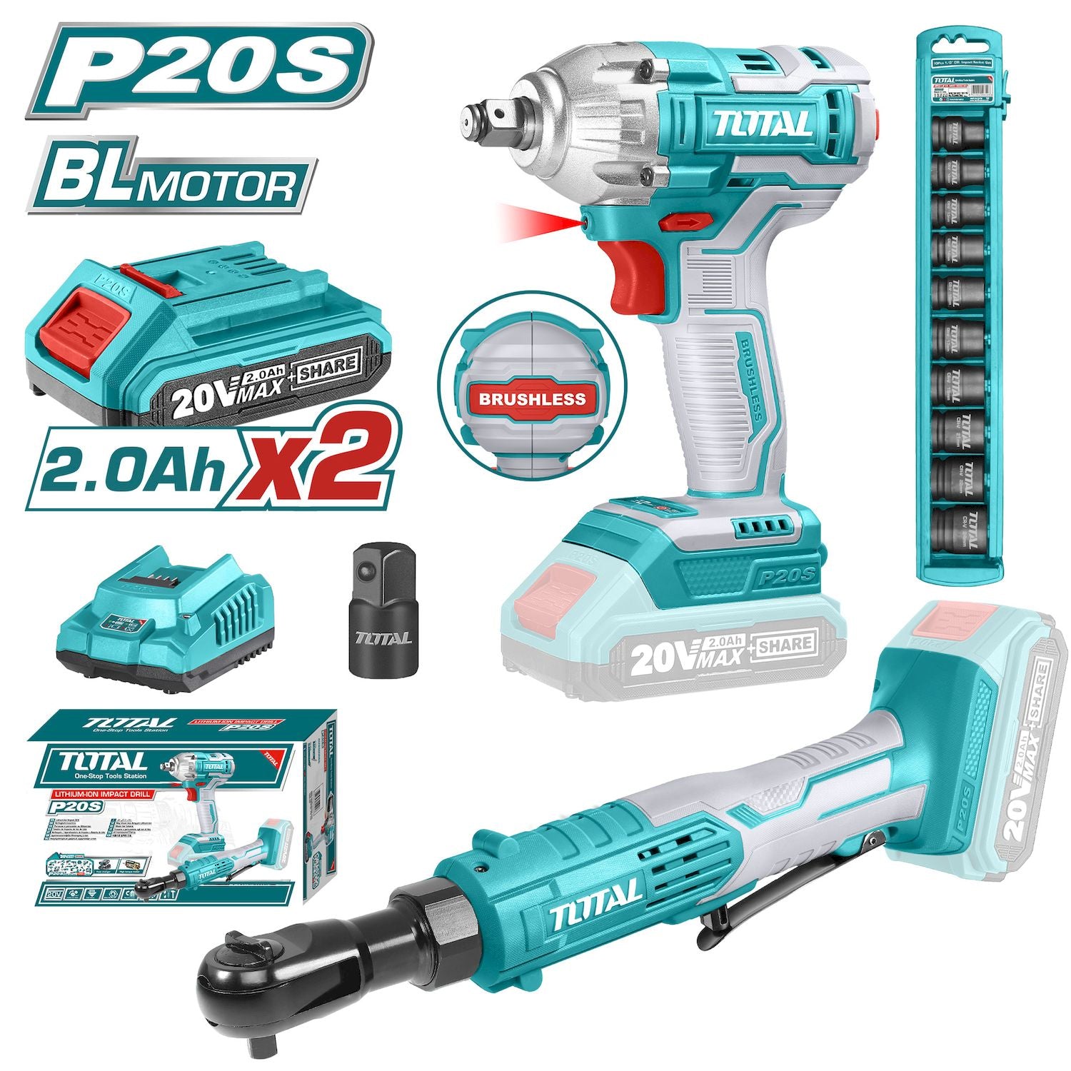 Combo del mes Total 20V Llave de Impacto Inalámbrica  y Ratchet de Conducción Inalámbrico POCAS UNIDADES