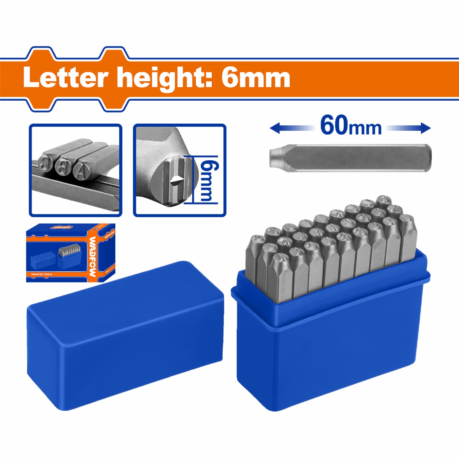 Cinceles de letras Set 27 pzas. Altura de letra: 6mm. Long: 60mm. Ponchador de letras
