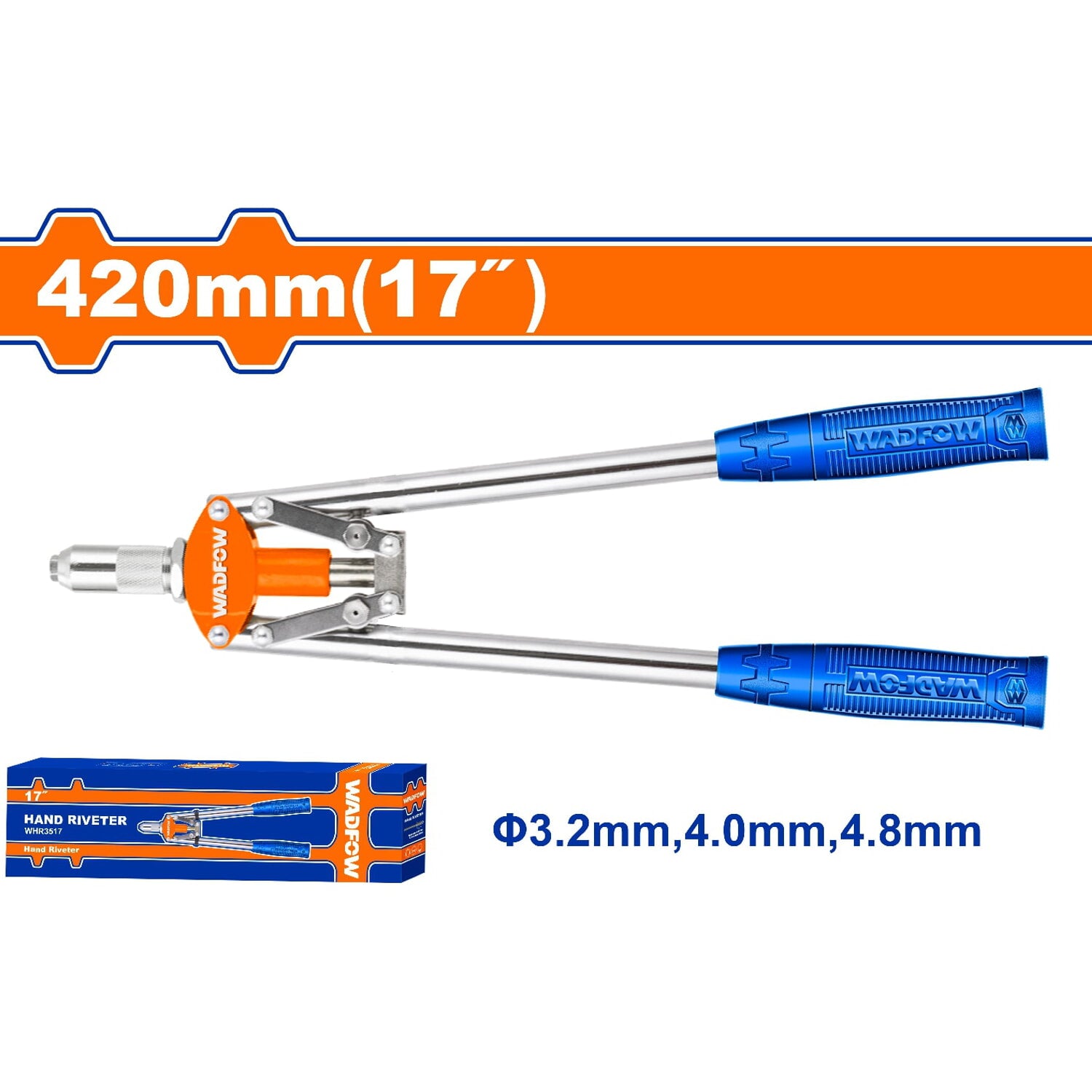 Remachadora 17"  Para remaches: 3.2mm, 4mm, 4.8mm. Acero y aluminio. Mango ergonómico.