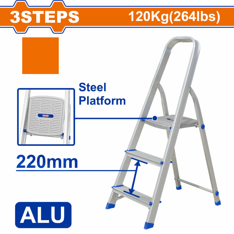 Escalera de Tijera de Aluminio 3 peldaños. Distancia entre peldaños 220mm Resistencia 120kg Alta calidad y durabilidad. Plataforma de Acero.