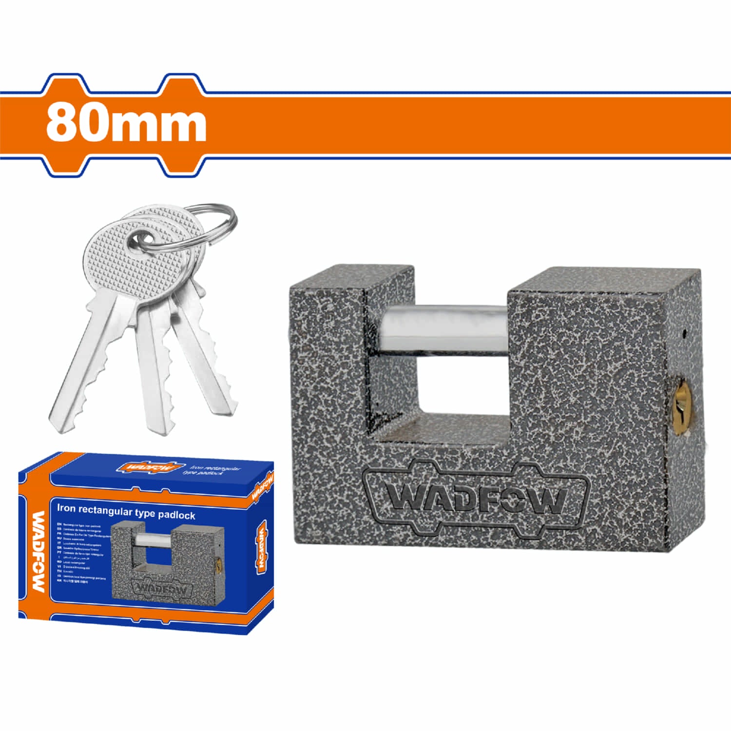 Candado de hierro rectangular 80mm con 3 llaves. Larga vida útil.