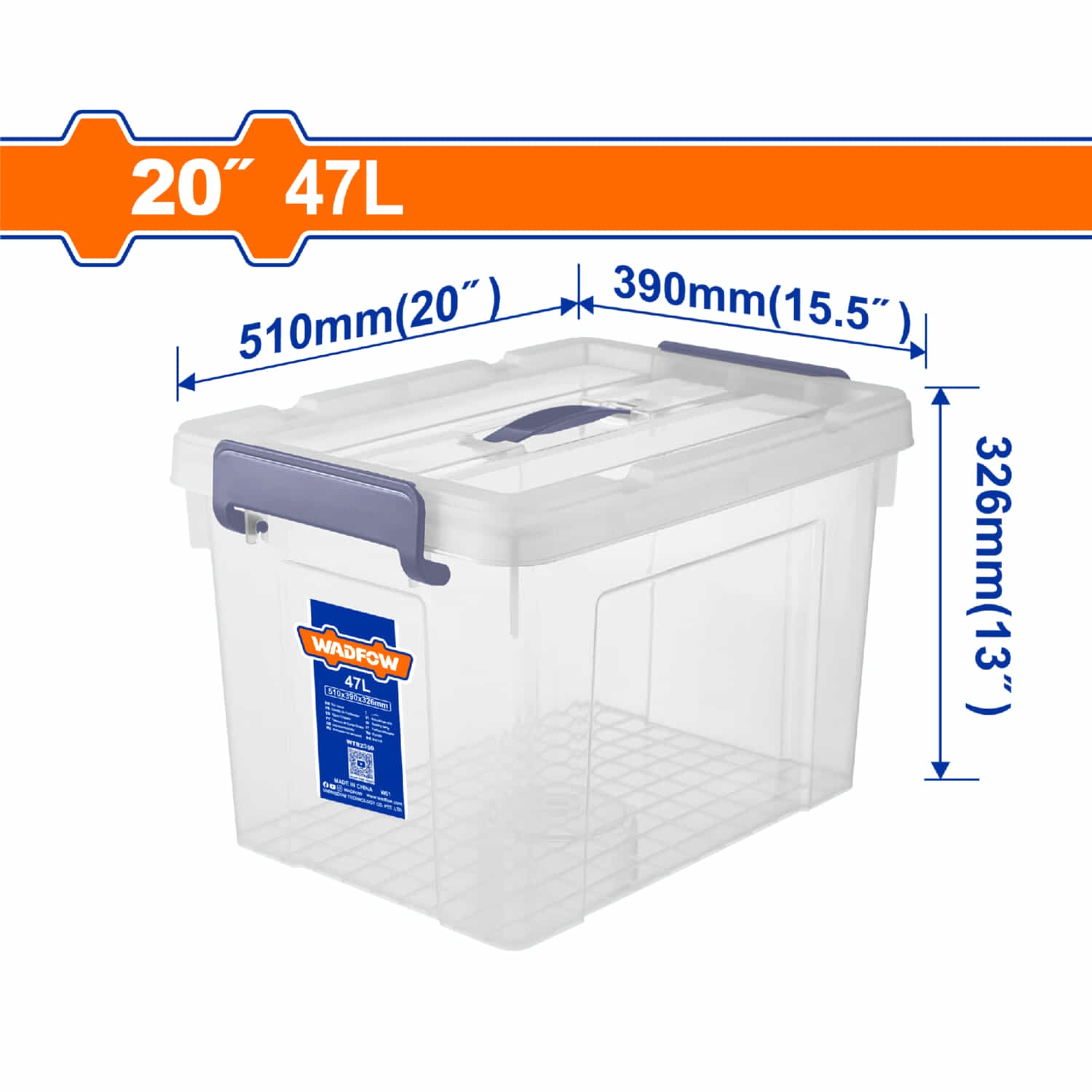 Caja Plástica De Almacenamiento 20" 47L 510x390x326mm Peso: 1426G. Tapa Con Asa. Hebilla De Plástico. Organizador.