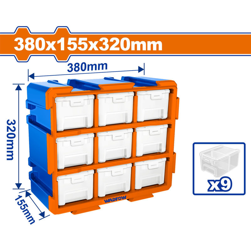 Cajas de plastico Organizador modular tipo torre. 380x155x320mm. Set de 9 piezas. Se une vertical u horizontal.