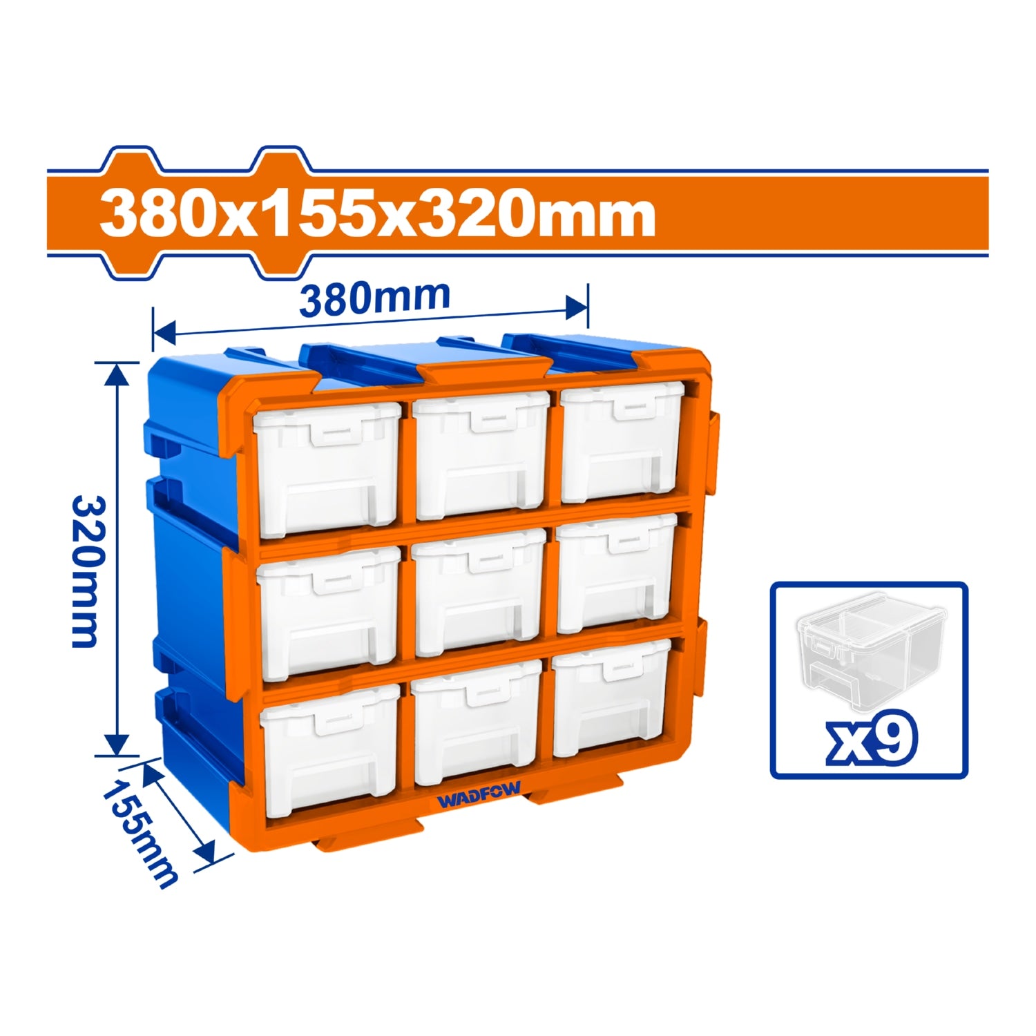 Cajas de plastico Organizador modular tipo torre. 380x155x320mm. Set de 9 piezas. Se une vertical u horizontal.