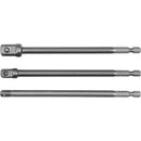 Adaptador Socket vástago hexagonal extensión Juego 3 pcs 1/4", 3/8" y 1/2" 150 mm largo